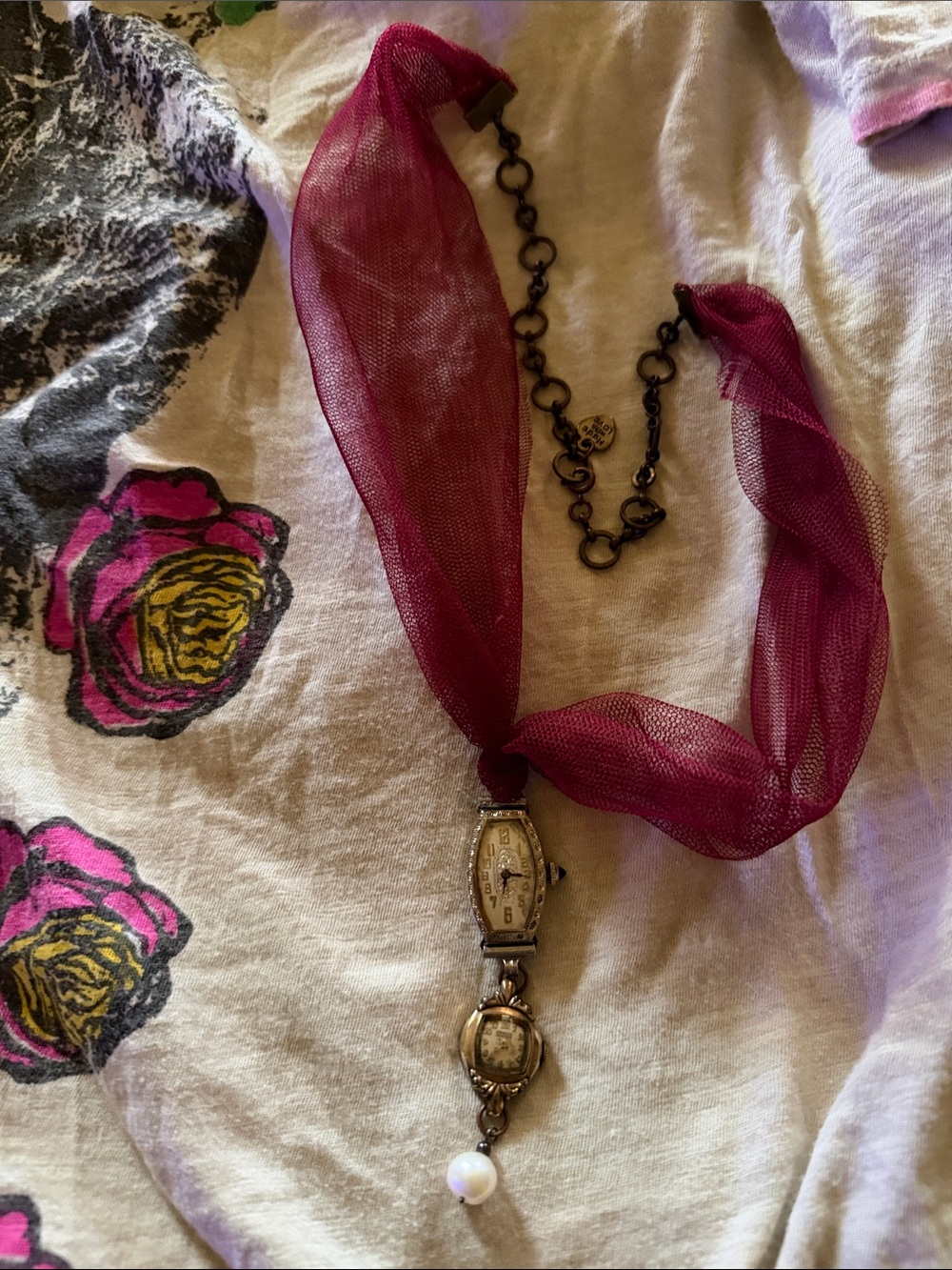 OOAK - Vintage Watches - Pearl - Tulle Necklace